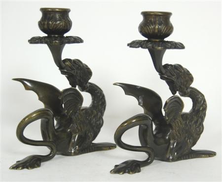 Appraisal: PAIR OF VICTORIAN BRONZE CANDLESTICKS LATE TH CENTURY modelled as