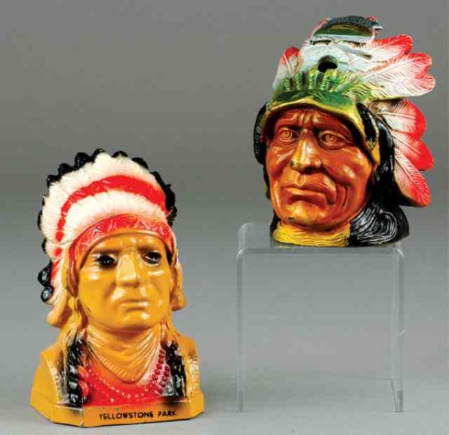 Appraisal: INDIAN BUST SOUVENIR STILL BANKS Includes hand painted lead wear