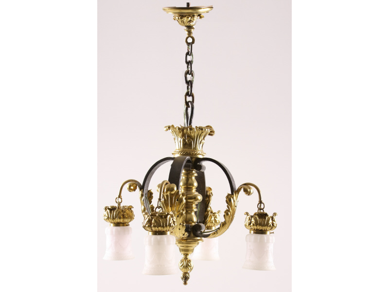 Appraisal: Italianate Style Brass Iron Chandelier four light bulbous central column