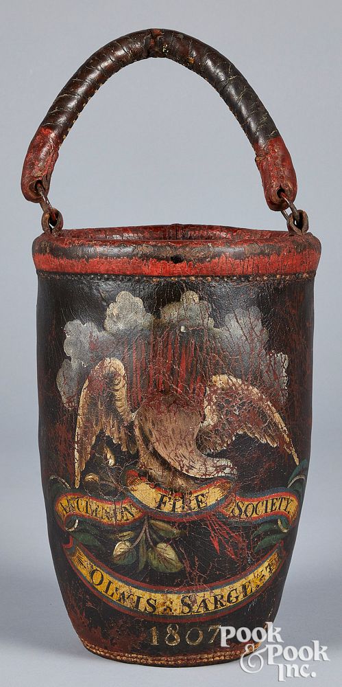 Appraisal: Massachusetts painted leather fire bucket Massachusetts painted leather fire bucket