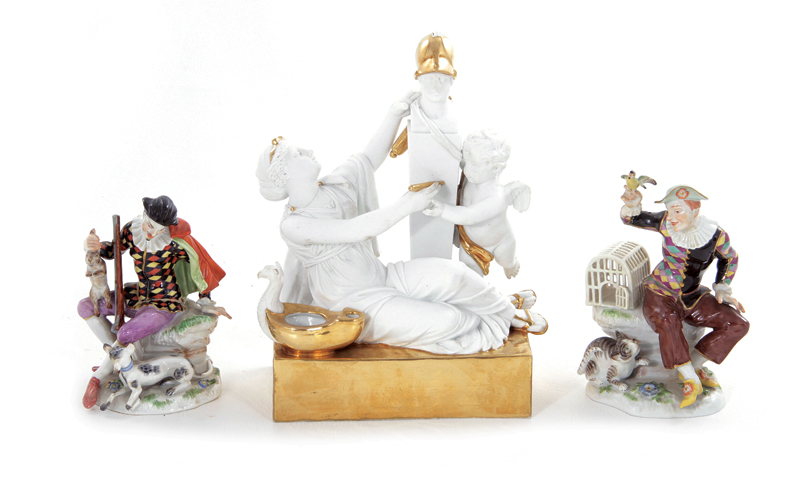 Appraisal: Continental porcelain inkwell and figures th century Paris parcel-gilt bisque