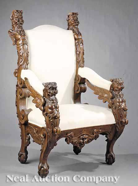 Appraisal: An Antique Italian Griffin-Carved Walnut Armchair late th c exuberantly