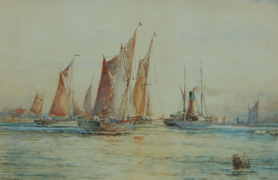 Appraisal: thC School Masted ships and steam boat in river scene