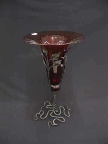 Appraisal: Ruby Cut Glass Vase in Wrought Iron Holder morning glory