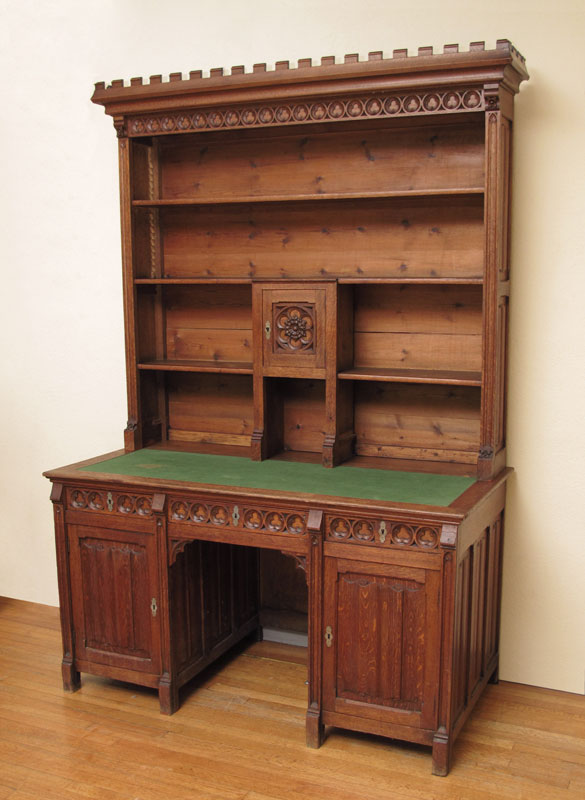 Appraisal: BELGIAN GOTHIC CARVED OAK BOOKCASE DESK Architectural part bookcase on