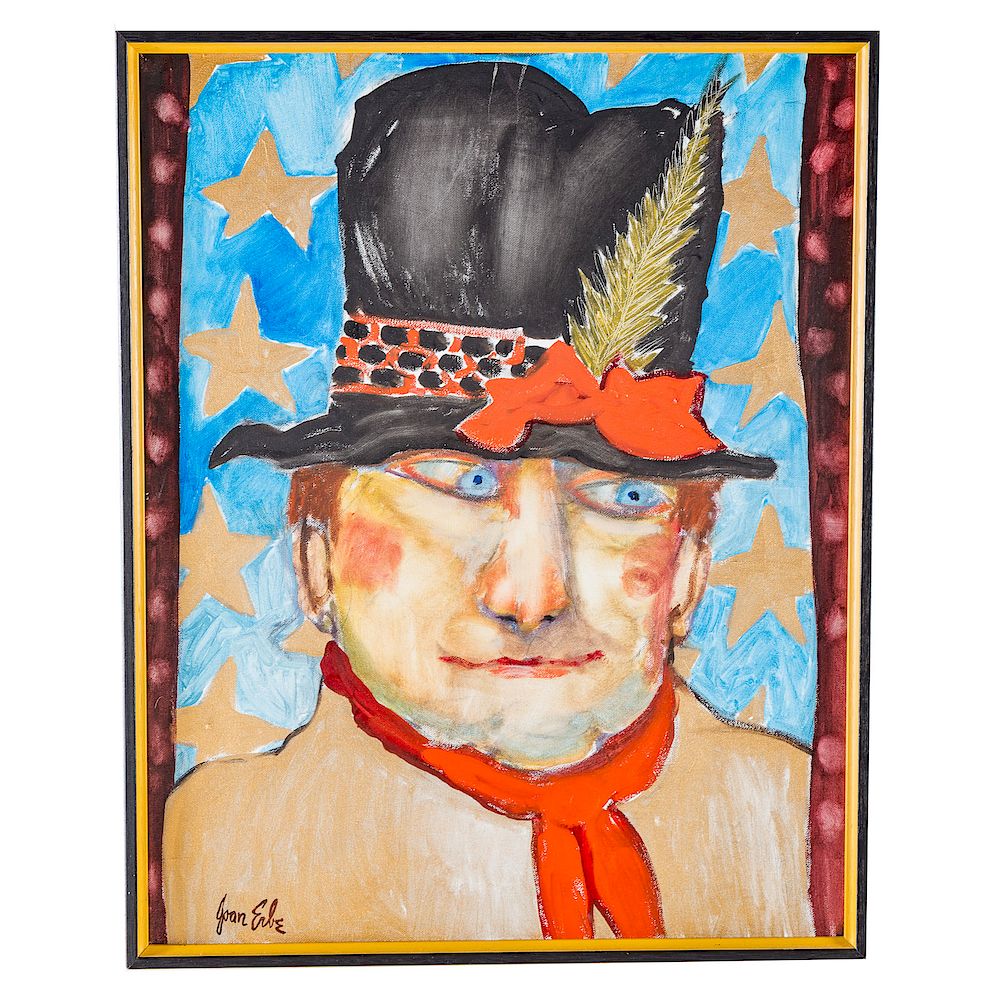 Appraisal: Joan Erbe Man in a Feathered Hat oil on canvas