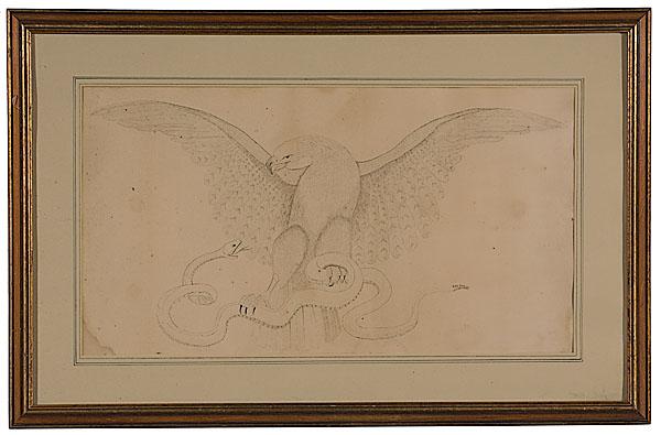 Appraisal: SPENCERIAN DRAWING OF AN EAGLE CLUTCHING SNAKE American ca -