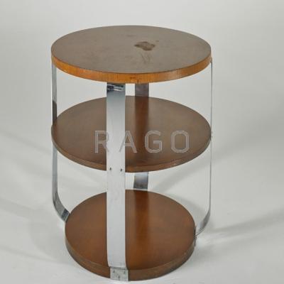 Appraisal: MODERNAGE Tiered occasional table USA s Chromed steel and walnut