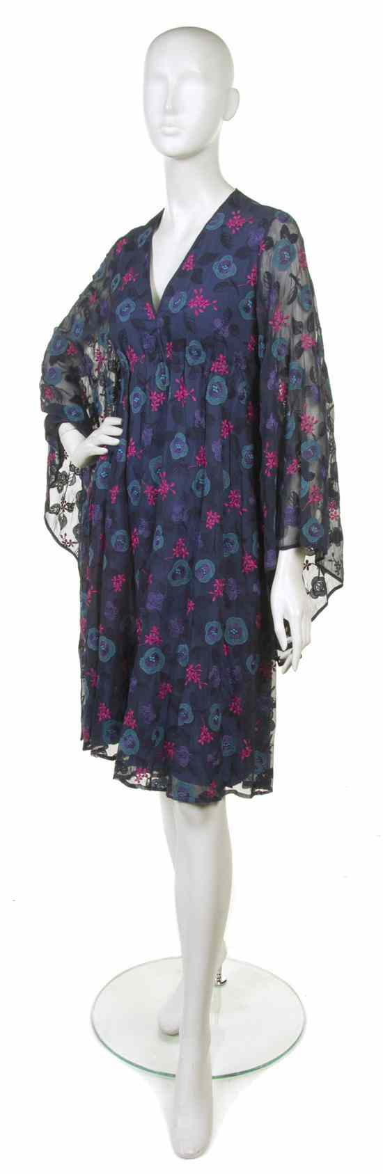 Appraisal: A Philippe Venet Blue Silk Dress with floral embroidery throughout