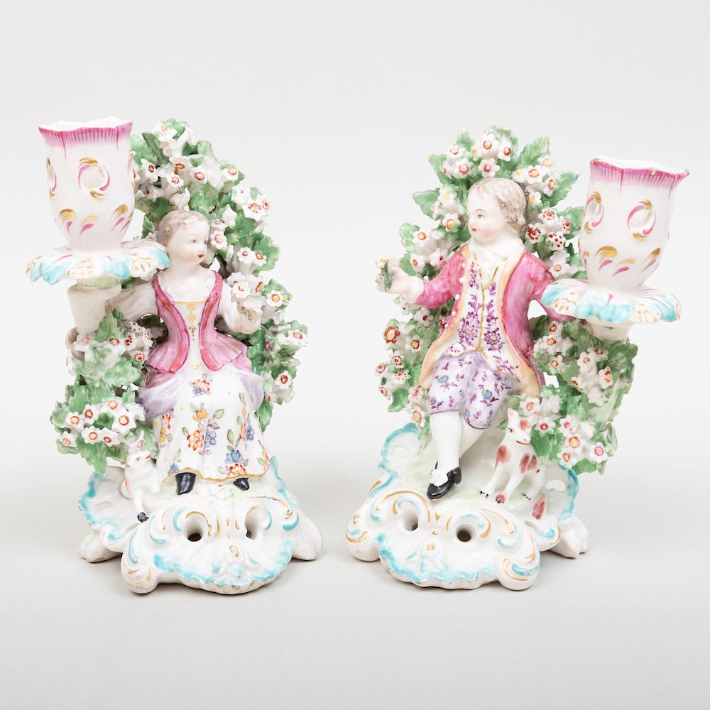 Appraisal: Pair of Derby Porcelain Bocage Figural Candlesticks in high Condition