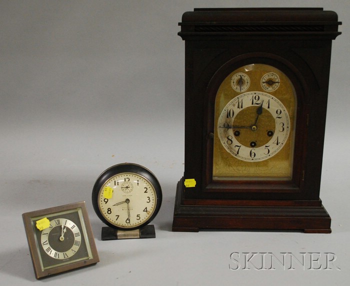 Appraisal: Lot of Three Clocks including a German quarter-chiming mahogany mantel