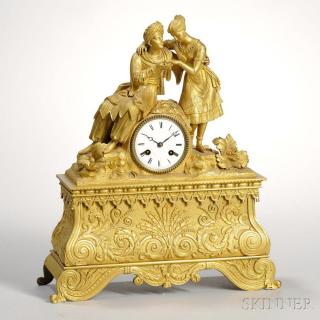 Appraisal: French Gilt Figural Mantel Clock c an embracing couple dressed