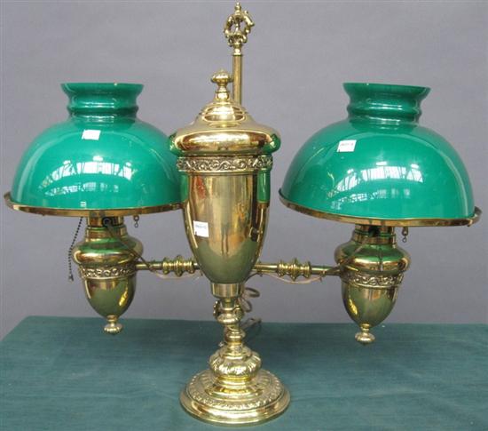 Appraisal: STUDENT LAMP Antique brass two light having two green cased