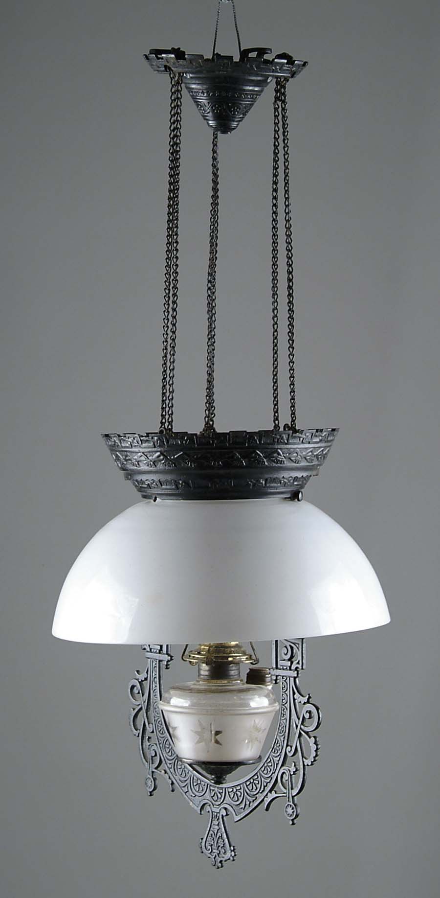 Appraisal: FINE PARKER CAST IRON KEROSENE HANGING LAMP Made of decorative