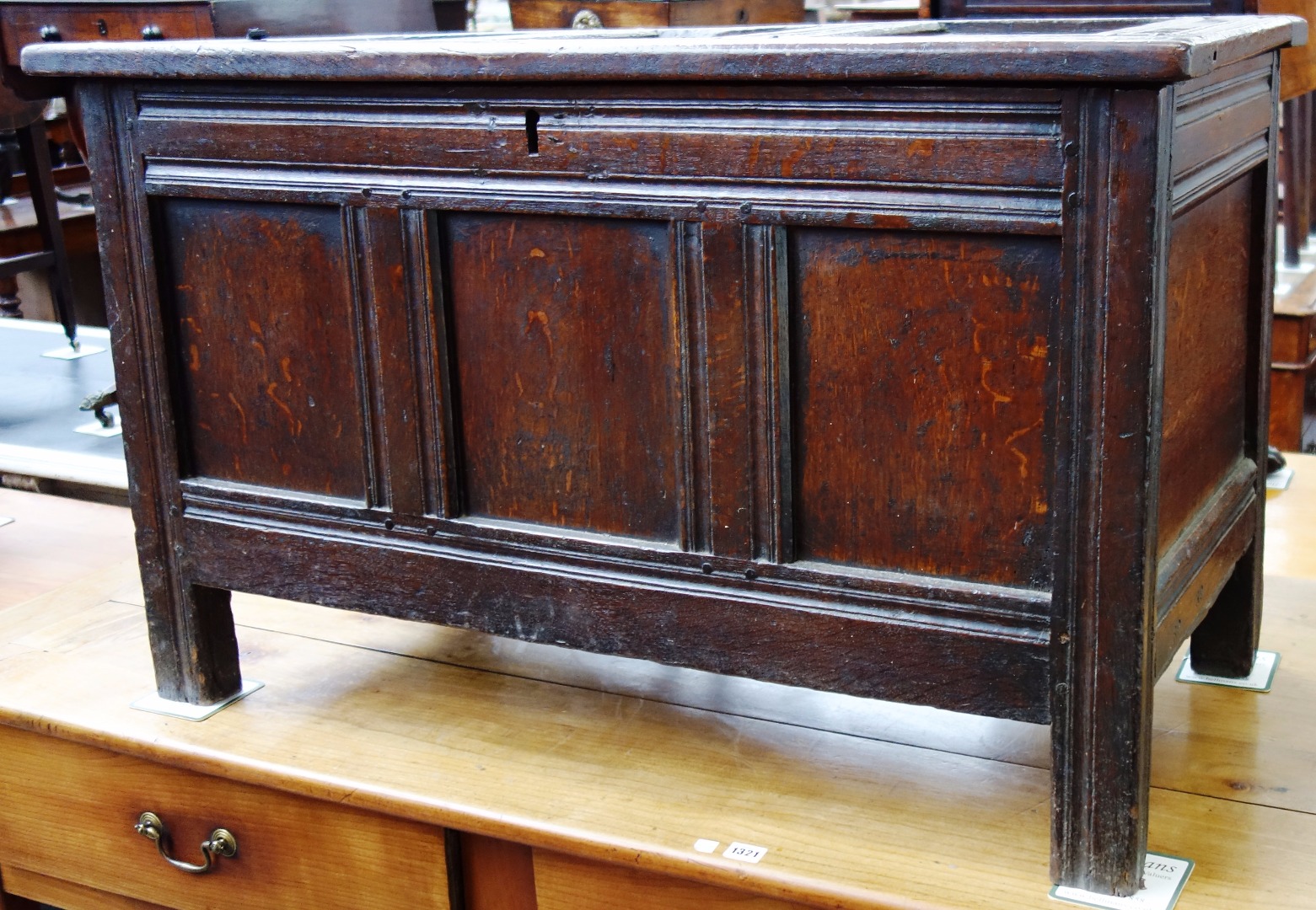 Appraisal: A late th century oak coffer with triple panel lid