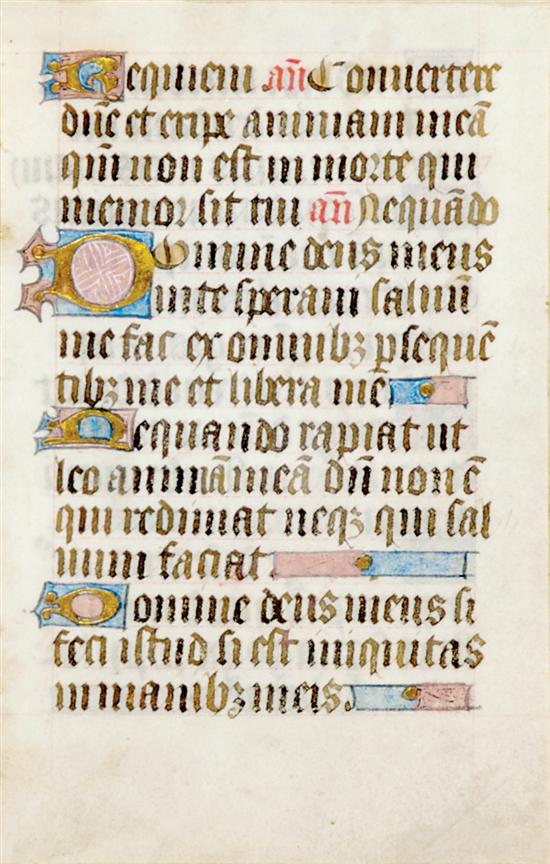 Appraisal: Book of Hours illuminated manuscript leaf on vellum th century