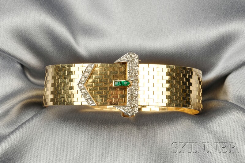 Appraisal: kt Gold Emerald and Diamond Buckle Bracelet designed as a