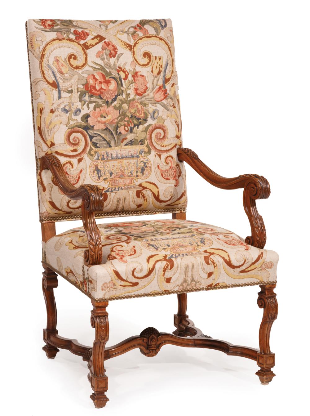 Appraisal: Louis XV-Style Fruitwood Fauteuil square back acanthus scroll arms shaped