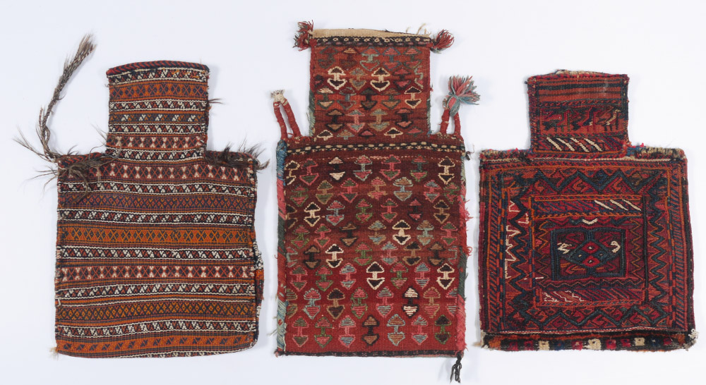 Appraisal: THREE APPROX - YR OLD PERSIAN HANDMADE WOOL SALT BAGS