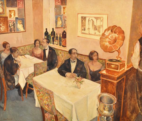 Appraisal: GLEN PREECE BORN Interior Restaurant oil on canvas GLEN PREECE