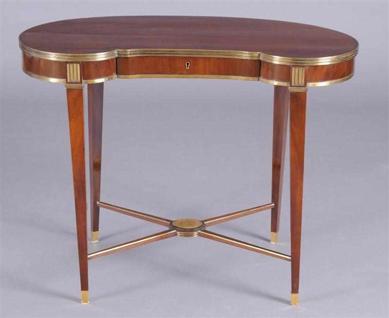 Appraisal: RUSSIAN NEOCLASSICAL BRASS-MOUNTED MAHOGANY TABLE EN ROGNON The kidney shaped