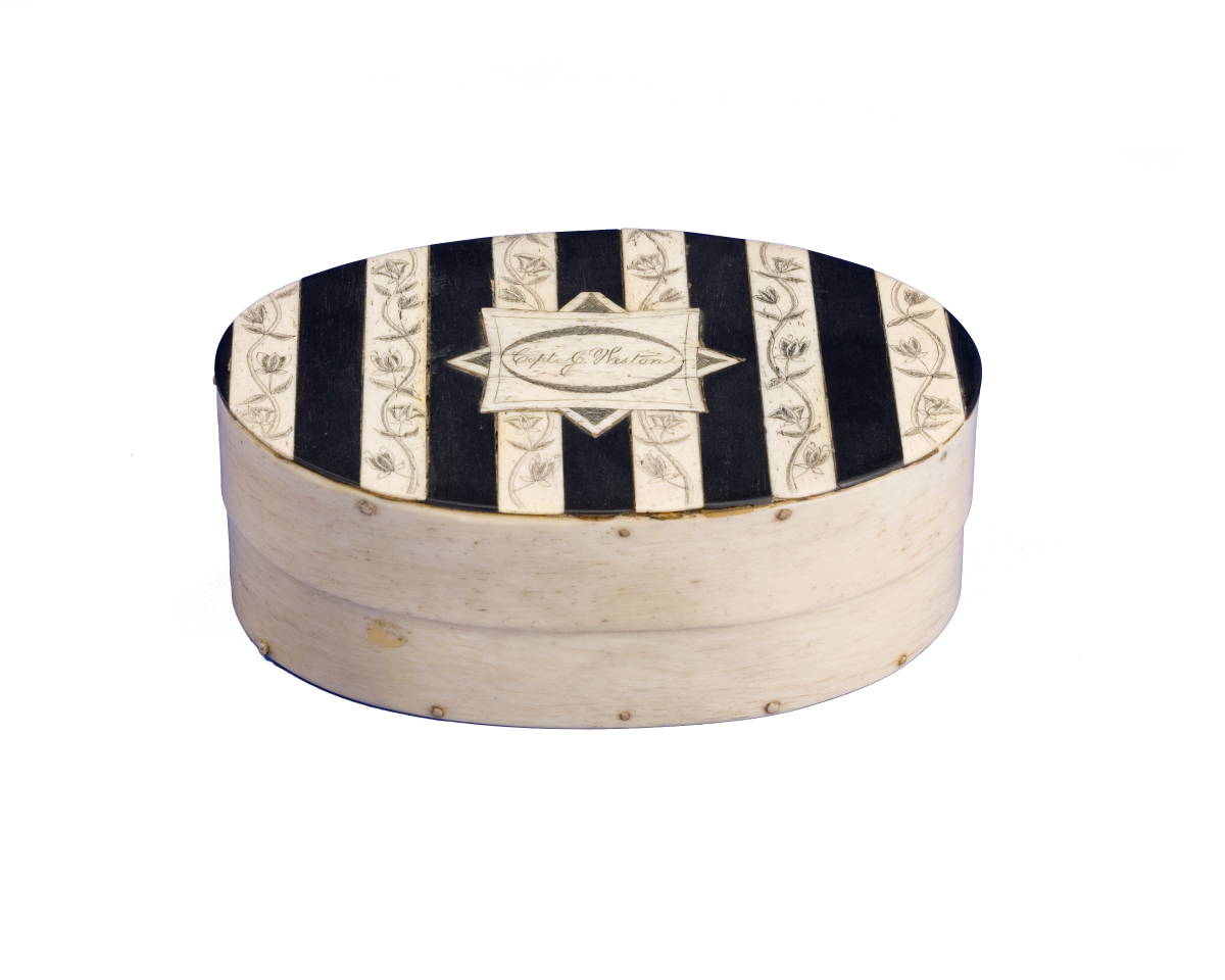 Appraisal: CARVED WHALEBONE AND EBONY COVERED OVAL VALUABLES BOX BELONGING TO