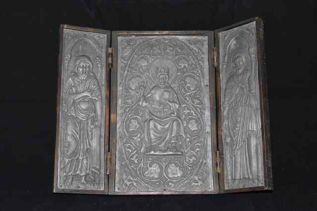 Appraisal: AN ANTIQUE TRIPTYCH with three lead panels set into a