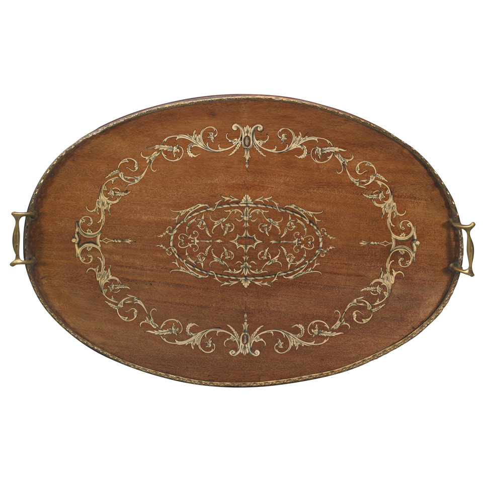 Appraisal: Edwardian Sheraton Style Inlaid Mahogany Oval Tea Tray with Pierced