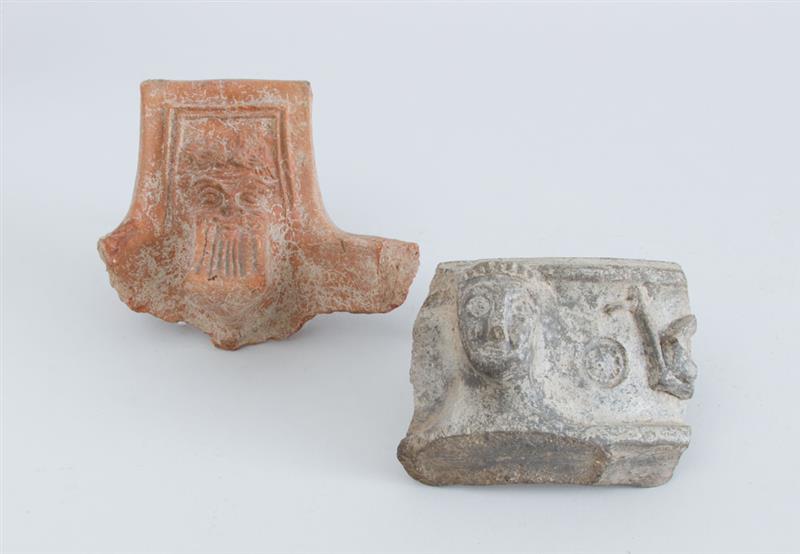 Appraisal: TWO ANCIENT TERRACOTTA FIGURAL VESSEL FRAGMENTS x x in and