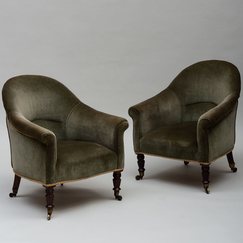 Appraisal: Pair of Victorian Mahogany Tub Chairs Upholstered in green velvet