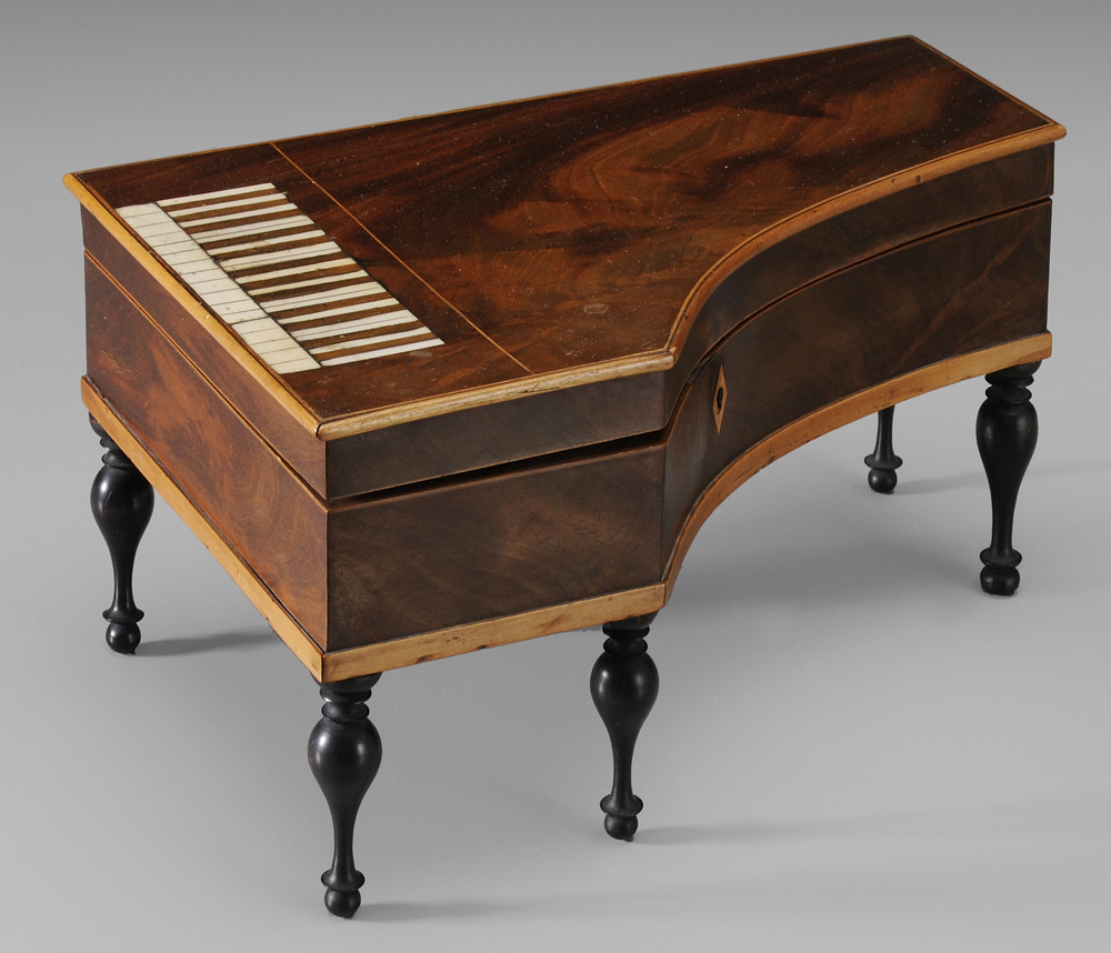 Appraisal: Pianoforte Sewing Case probably English th century figured mahogany inlaid