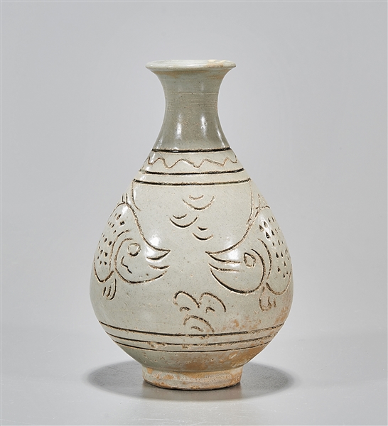 Appraisal: Korean glazed vase incised twin fish design H approx