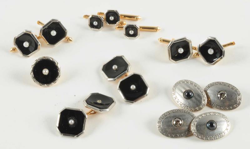 Appraisal: Lot includes gold onyx and black pearl pairs of cufflinks