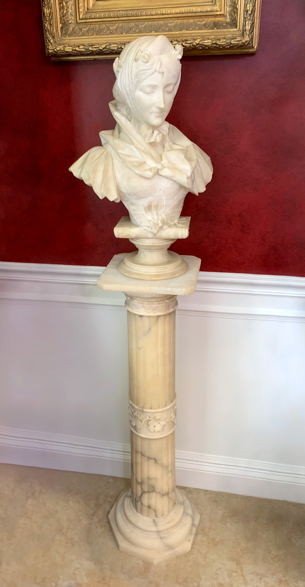 Appraisal: ITALIAN CARVED ALABASTER BUST W PEDESTAL Bust of a Maiden