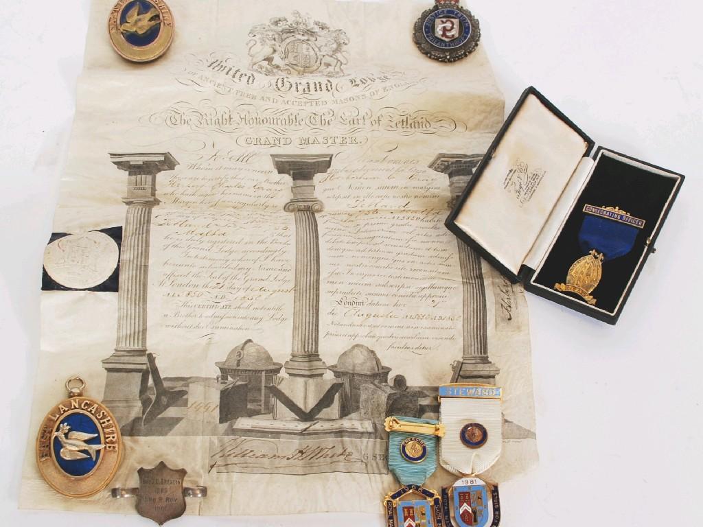 Appraisal: MASONIC REGALIA VARIOUS TO INCLUDE TWO EAST LANCASHIRE - SILVER