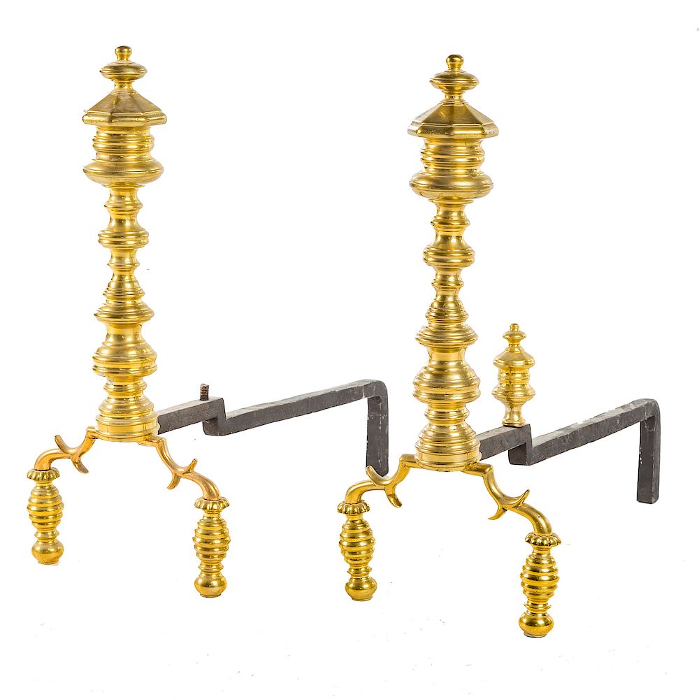 Appraisal: Pair Classical style brass andirons th century octagonal tops turned