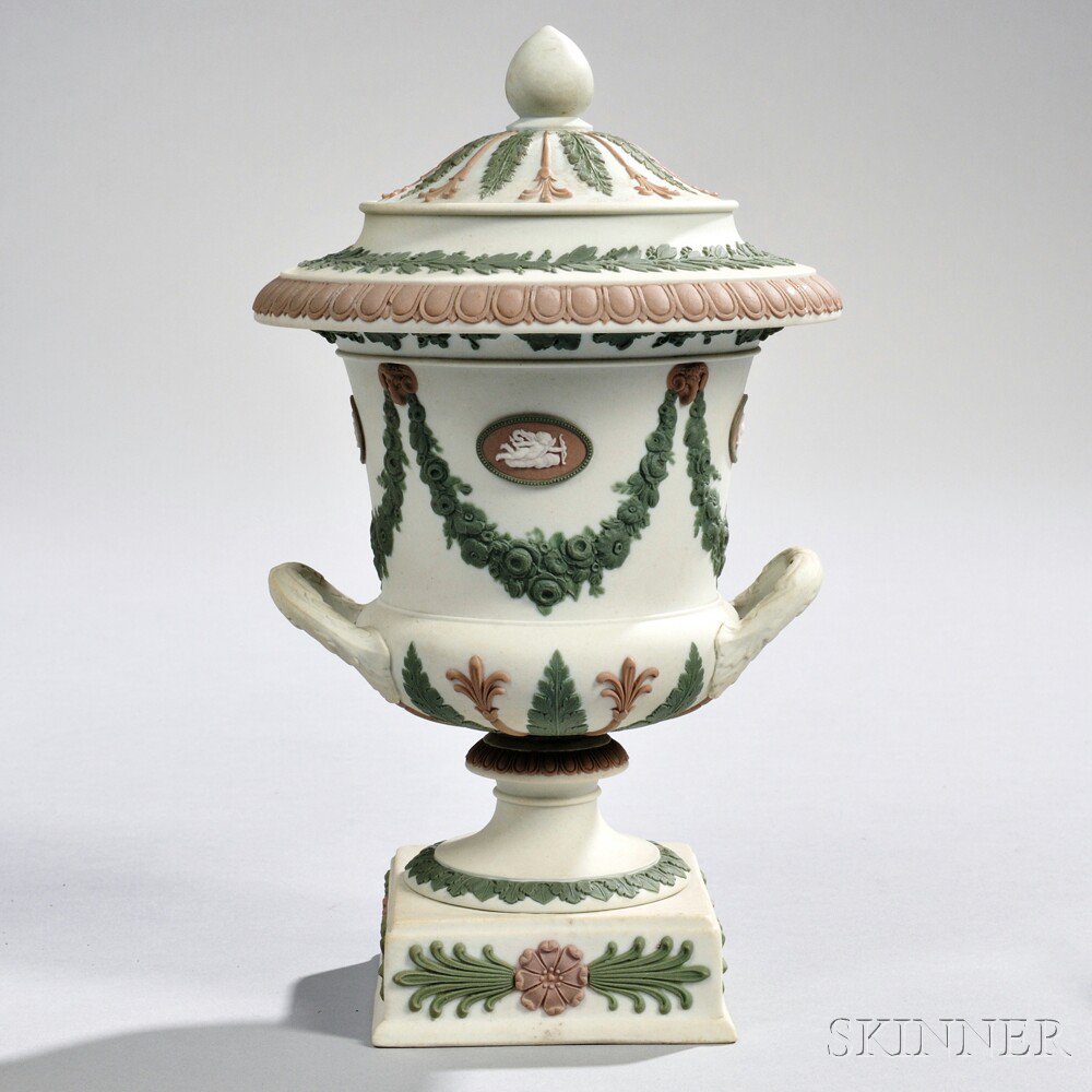 Appraisal: Wedgwood Tricolor Jasper Vase and Cover England early th century