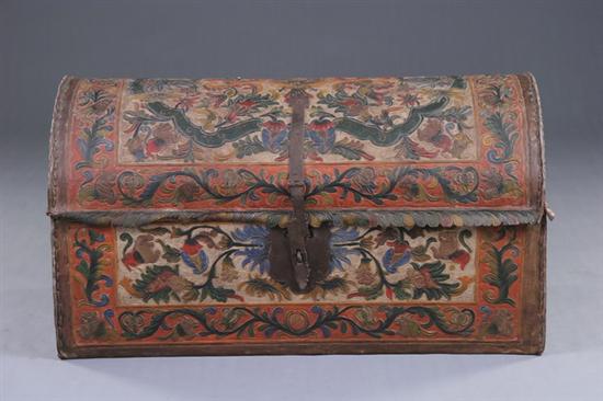 Appraisal: CONTINENTAL DOMED TRUNK early th century tooled leather with hand-forged