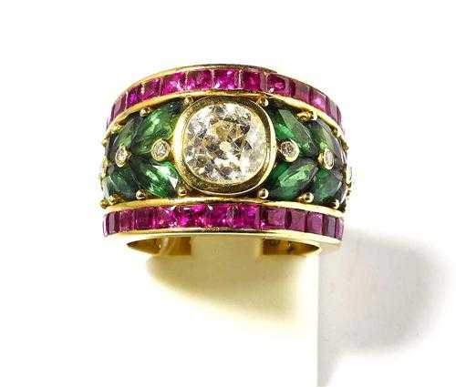 Appraisal: DIAMOND RUBY TSAVORITE AND BRILLIANT-CUT DIAMOND RING P CLARD Yellow