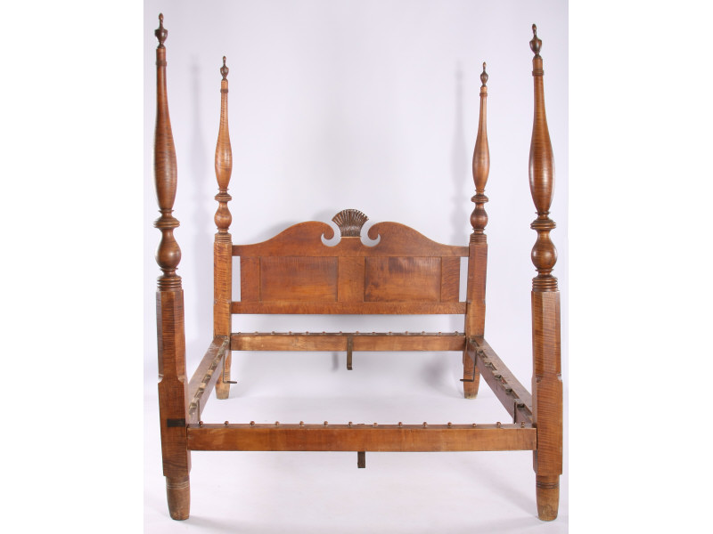 Appraisal: Tiger Maple Tall Post Rope Bed American c headboard with