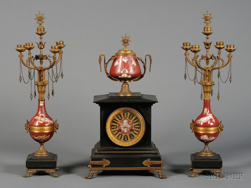 Appraisal: Renaissance Revival Three-Piece Porcelain Slate and Gilt-metal Clock Garniture France