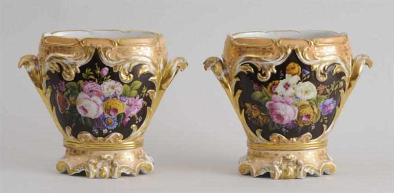 Appraisal: PAIR OF PARIS PORCELAIN VASES ON STANDS Each flattened bowl