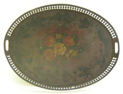 Appraisal: Large oval painted toleware tray th century The two-handled tray