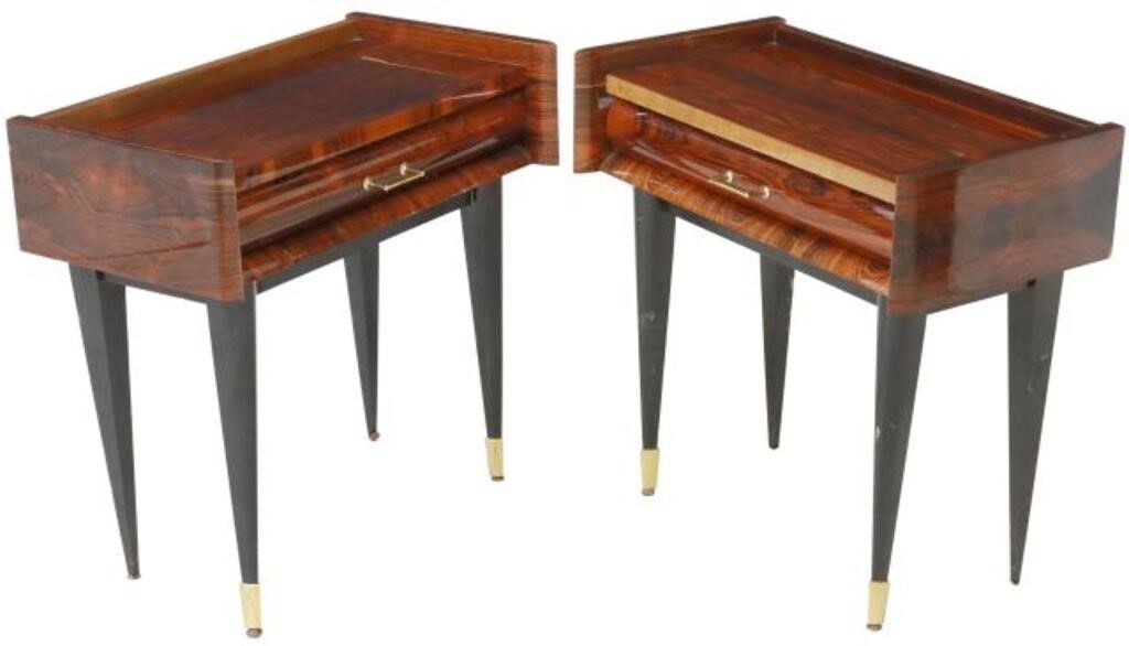 Appraisal: pair French mid-century modern rosewood nightstands c s gallery top