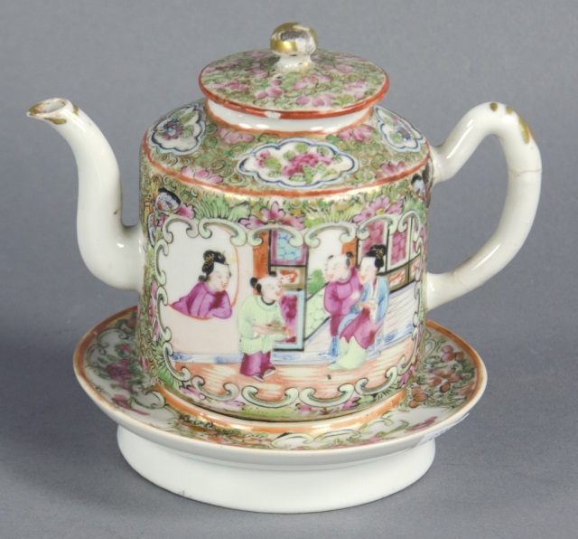 Appraisal: Rose Medallion Teapot on StandDecorated with court panels and florals