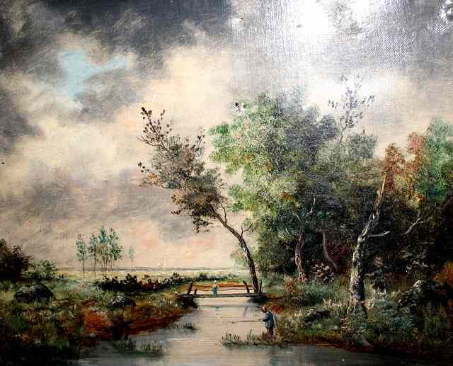 Appraisal: Raphael Gourdon - River landscape with fishermen signed oils on