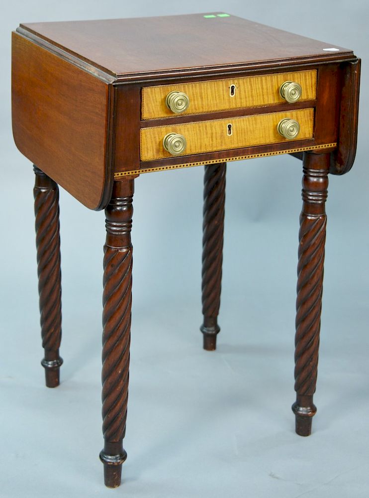 Appraisal: Sheraton mahogany drop leaf two drawer stand with tiger maple