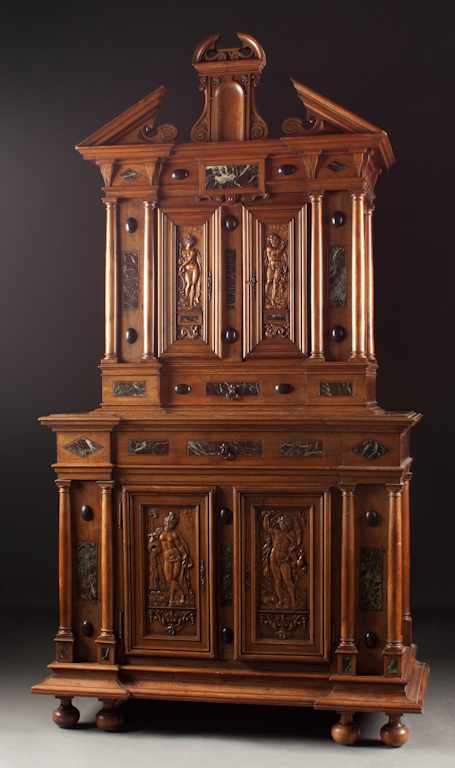 Appraisal: Flemish Renaissance style marble inlaid figural carved walnut cabinet fourth