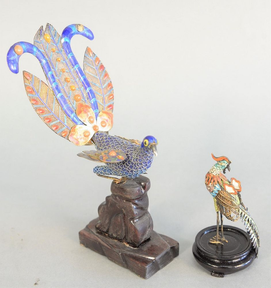 Appraisal: Two Chinese enameled birds of paradise having silver filigree and