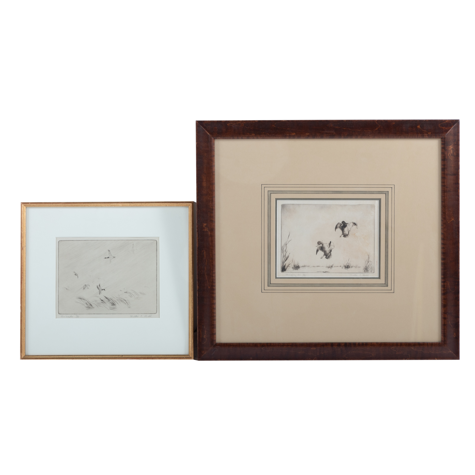 Appraisal: WALTER E BOHL TWO FRAMED ETCHINGS American - Winging In